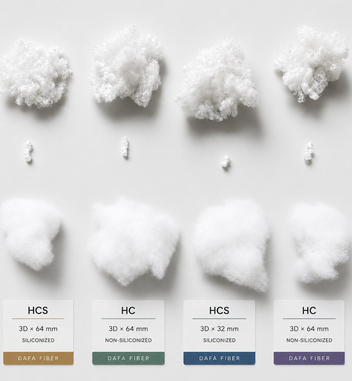 Recycled HCS and HCNS polyester staple fiber grades compared — 3D 32/51/64mm, siliconized and non-siliconized